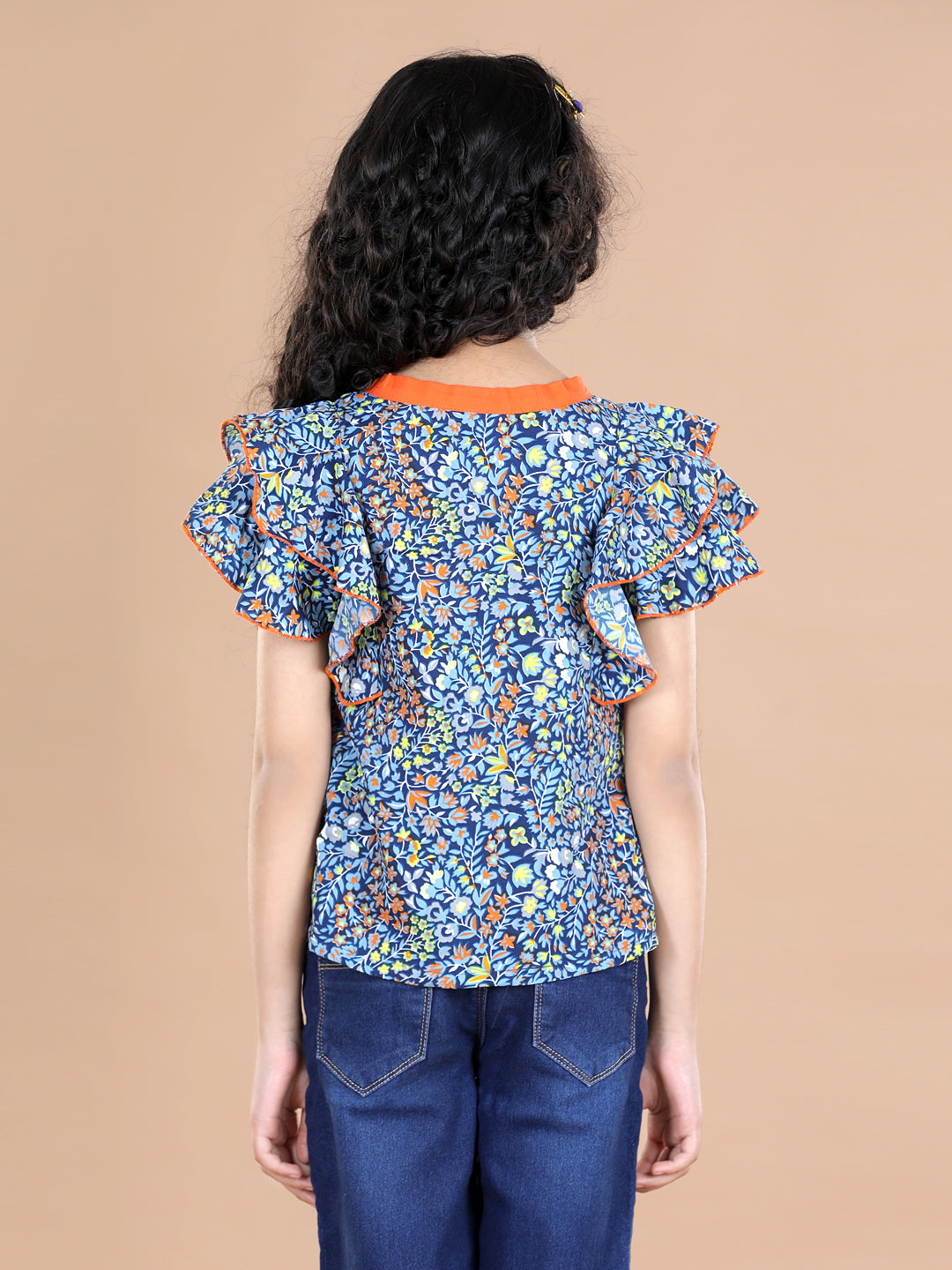 Cutiekins Girls Casual Polyester A-line Top (Blue & Orange)