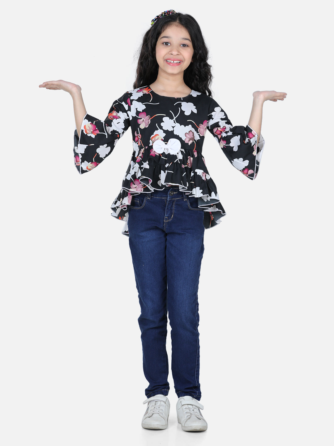 Cutiekins Floral Print Top For Girls - Black & White