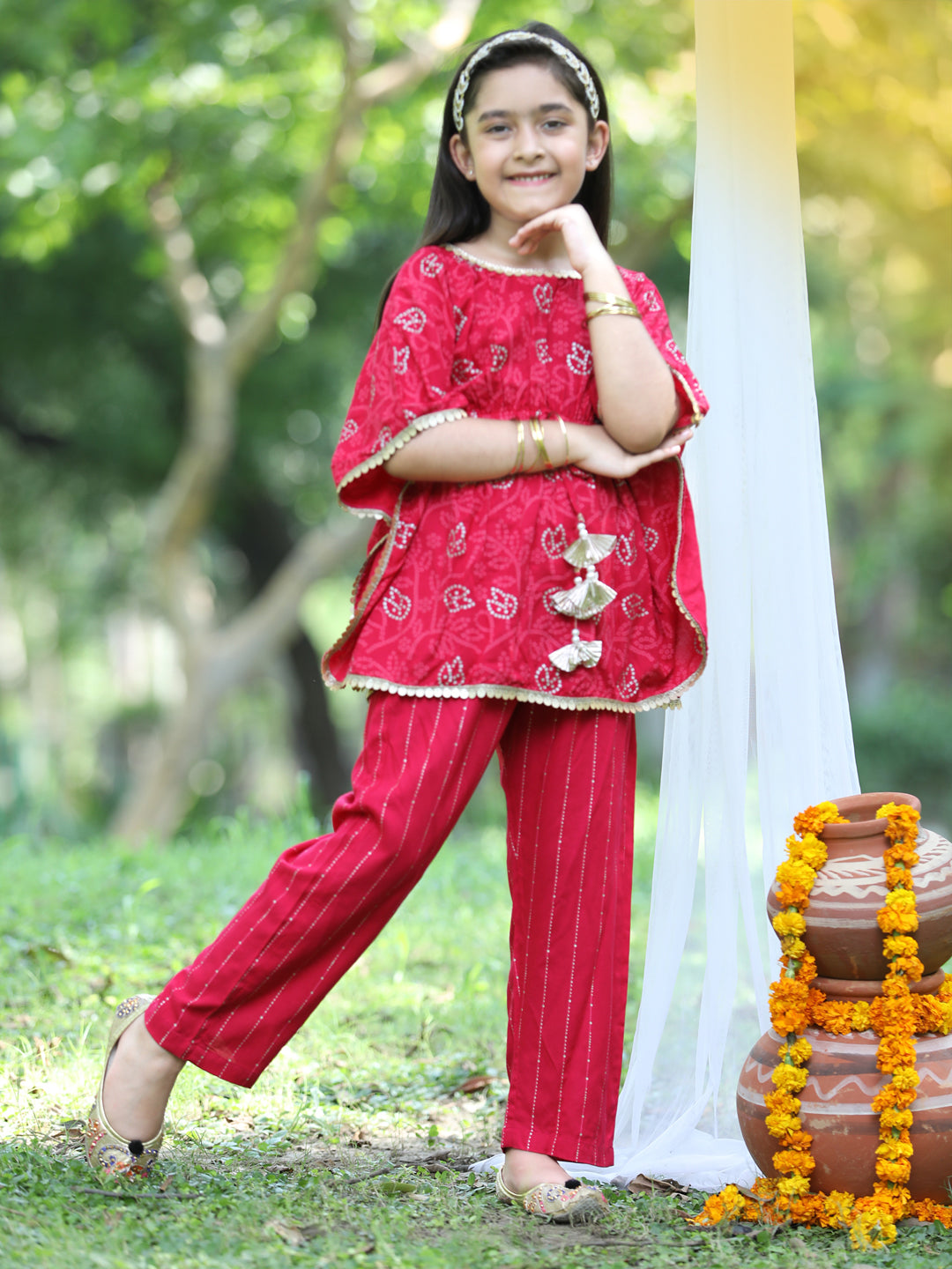 Cutiekins Printed Kaftaan & Palazzo Set-Pink & Golden