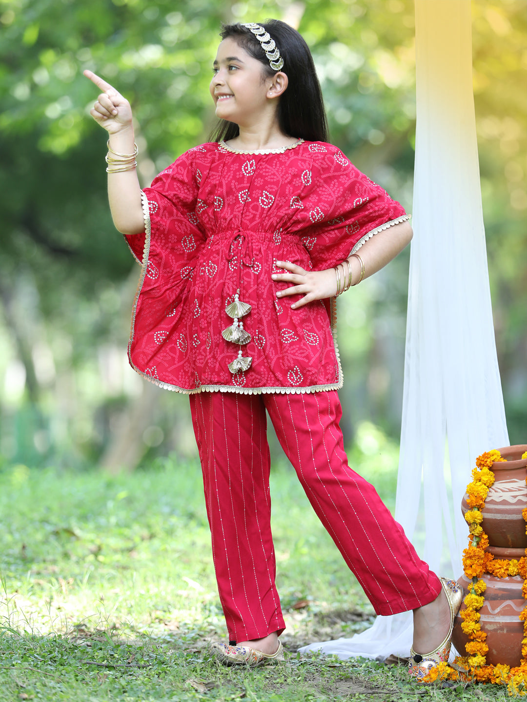 Cutiekins Printed Kaftaan & Palazzo Set-Pink & Golden