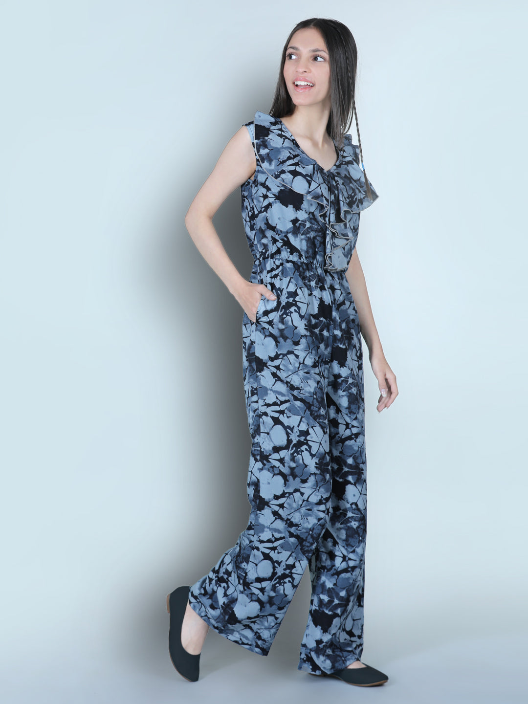 Cutiekins Smoky Printed Polyester Jumpsuit -Grey & Black