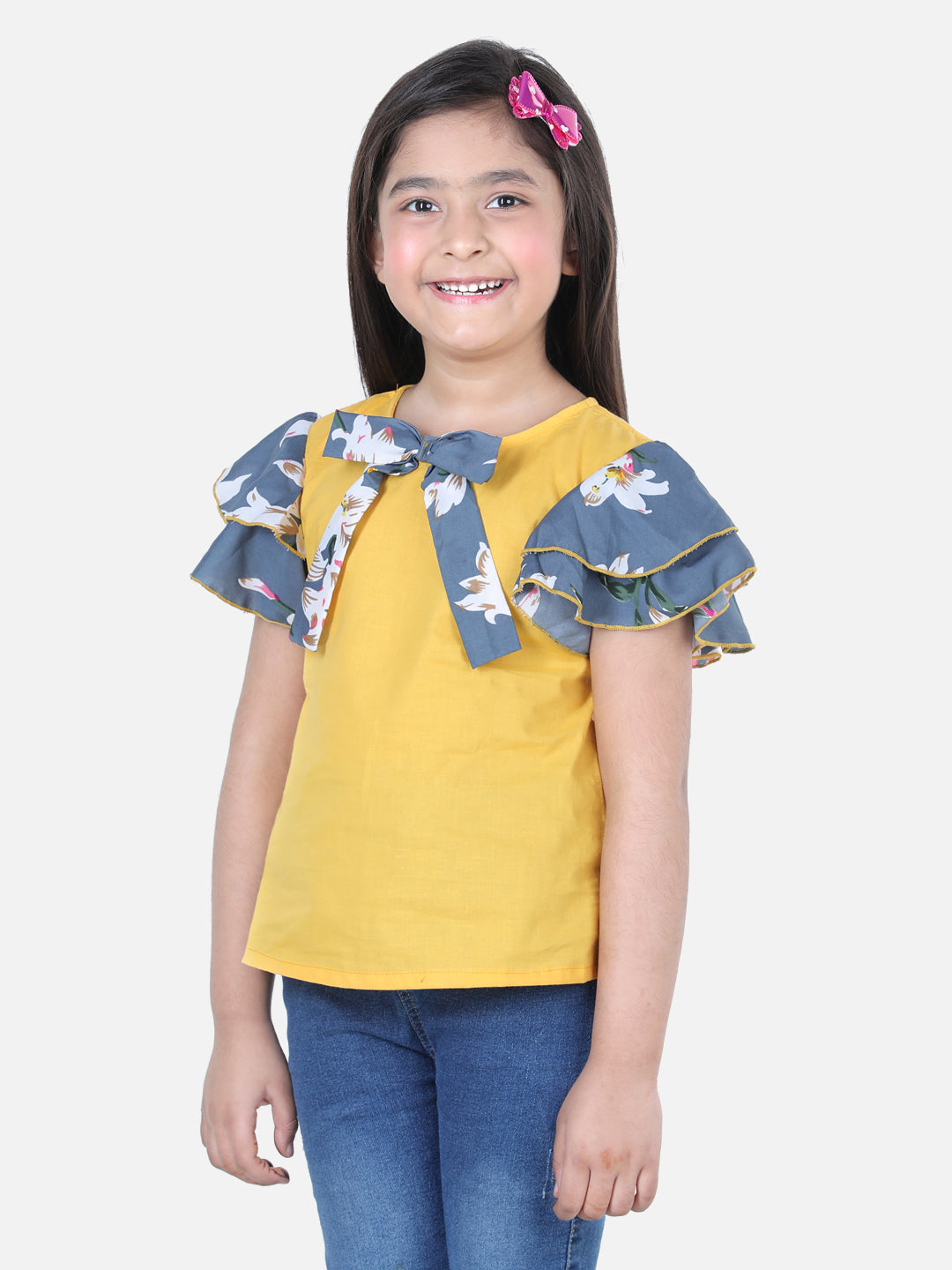 Cutiekins Solid Top For Girls - Yellow & Grey
