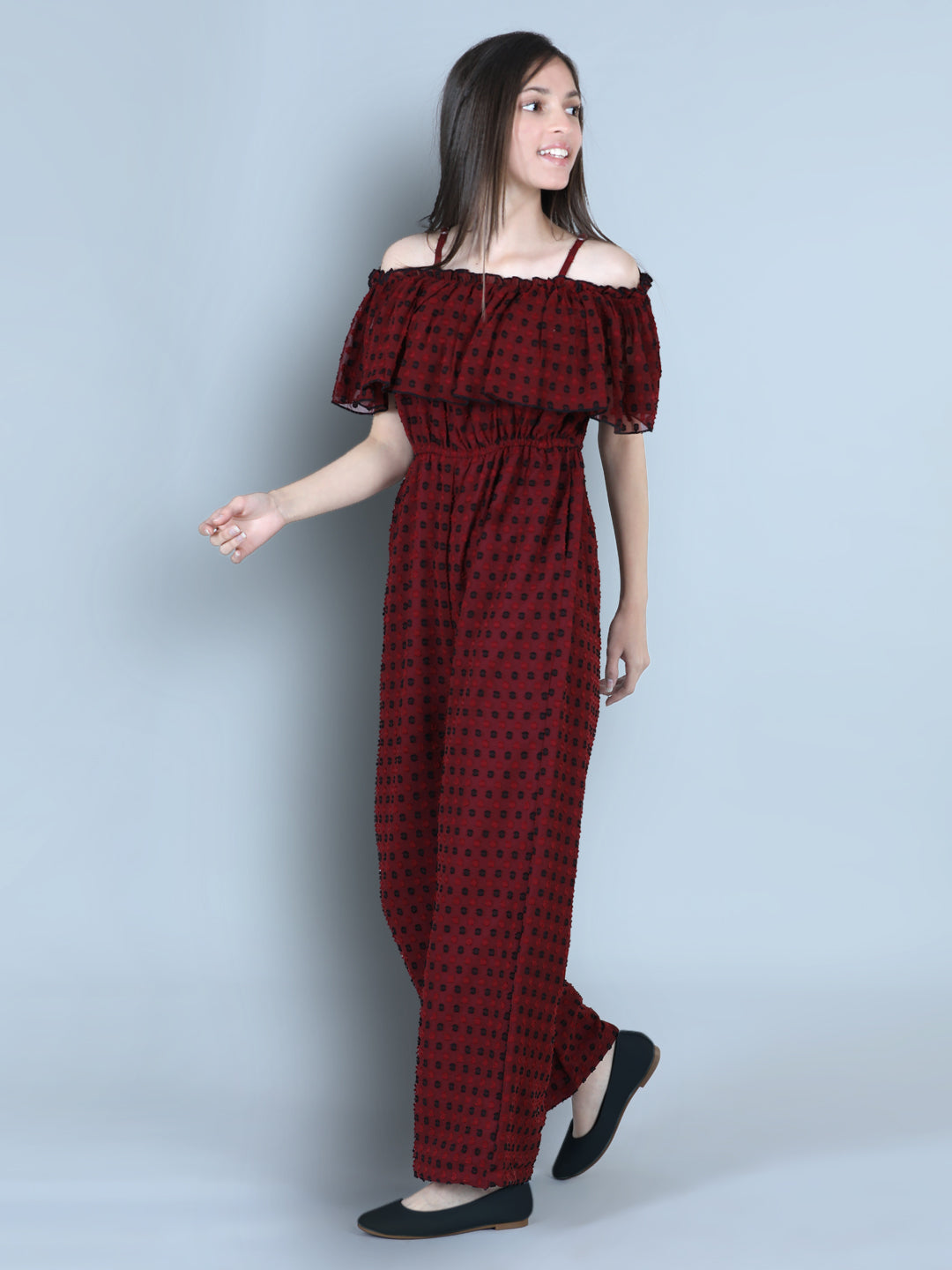 Cutiekins Off Shoulder Dyed Booti Georgette Jumpsuit-Maroon & Black