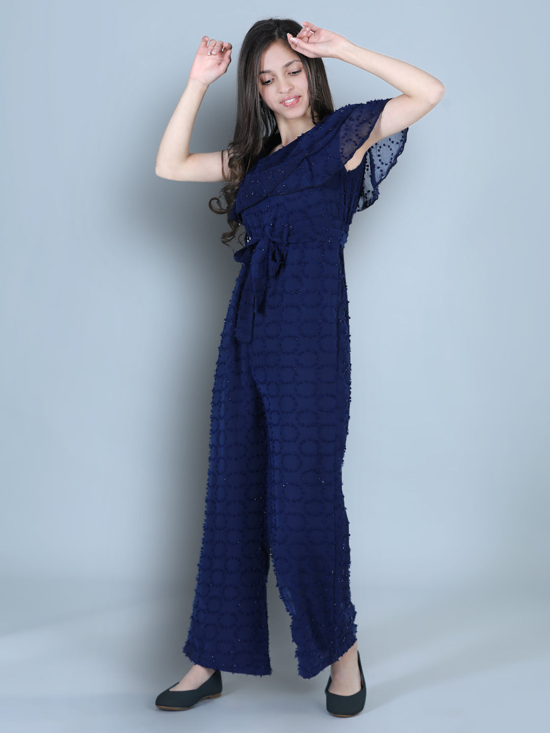 Cutiekins One Shoulder Dyed Booti Georgette Jumpsuit-Navy Blue