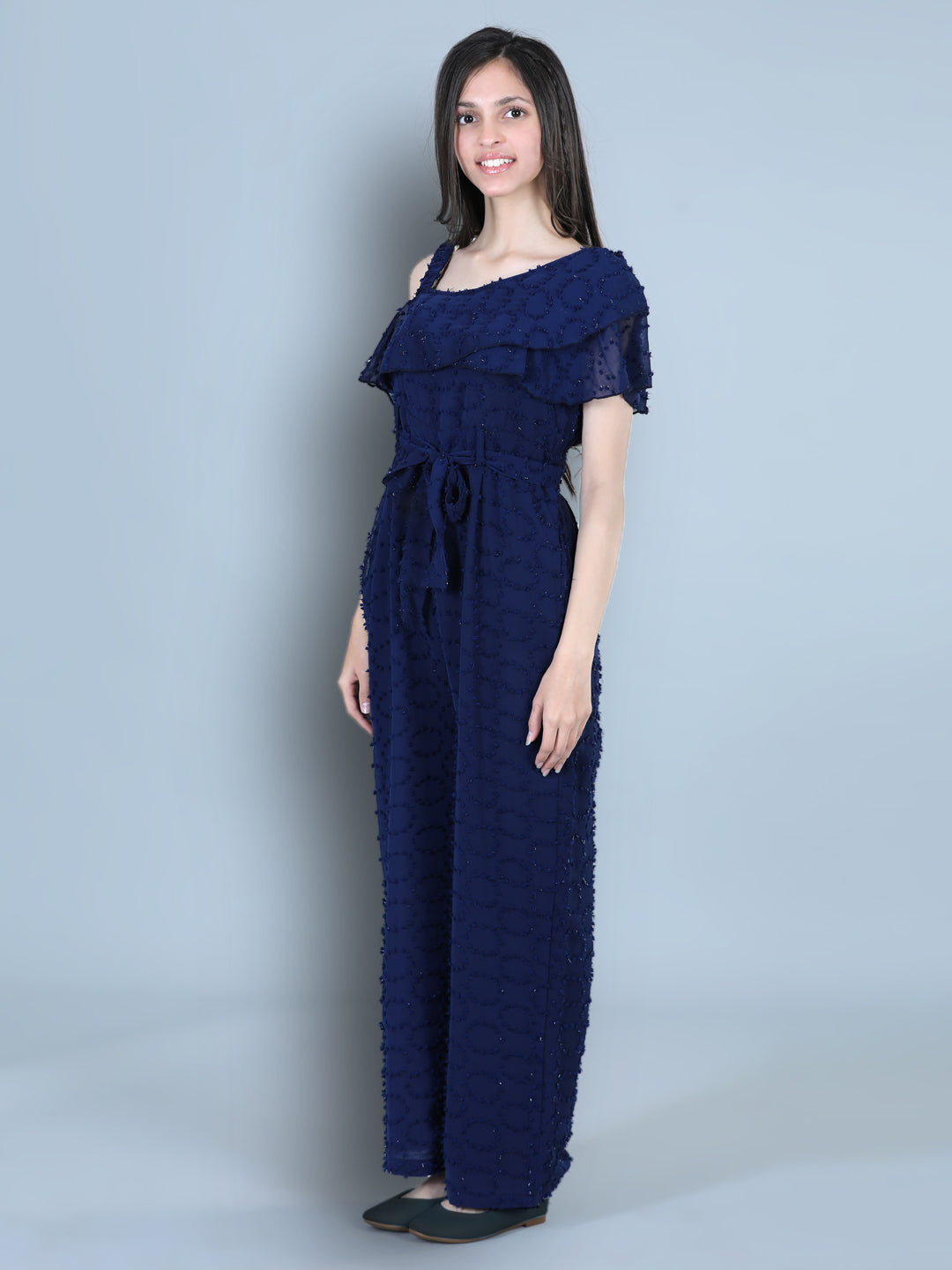 Cutiekins One Shoulder Dyed Booti Georgette Jumpsuit-Navy Blue