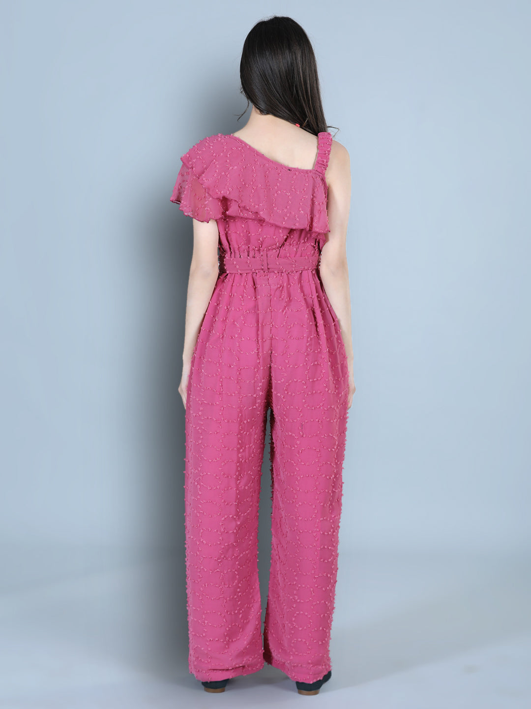 Cutiekins One Shoulder Dyed Booti Georgette Jumpsuit-Onion Pink
