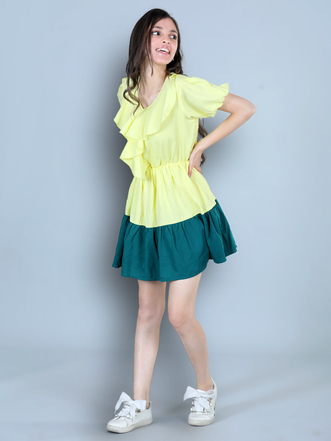 Cutiekins Solid Designer Multi Shade Dress-Lemon Yellow & Emerald Green