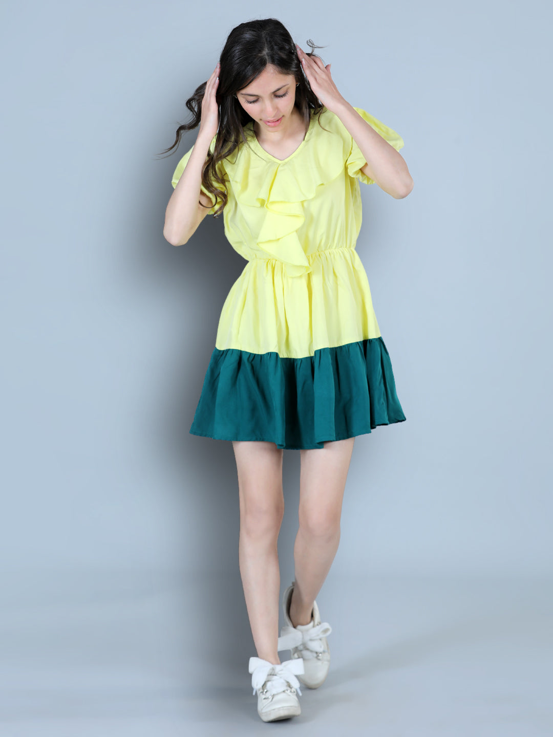Cutiekins Solid Designer Multi Shade Dress-Lemon Yellow & Emerald Green