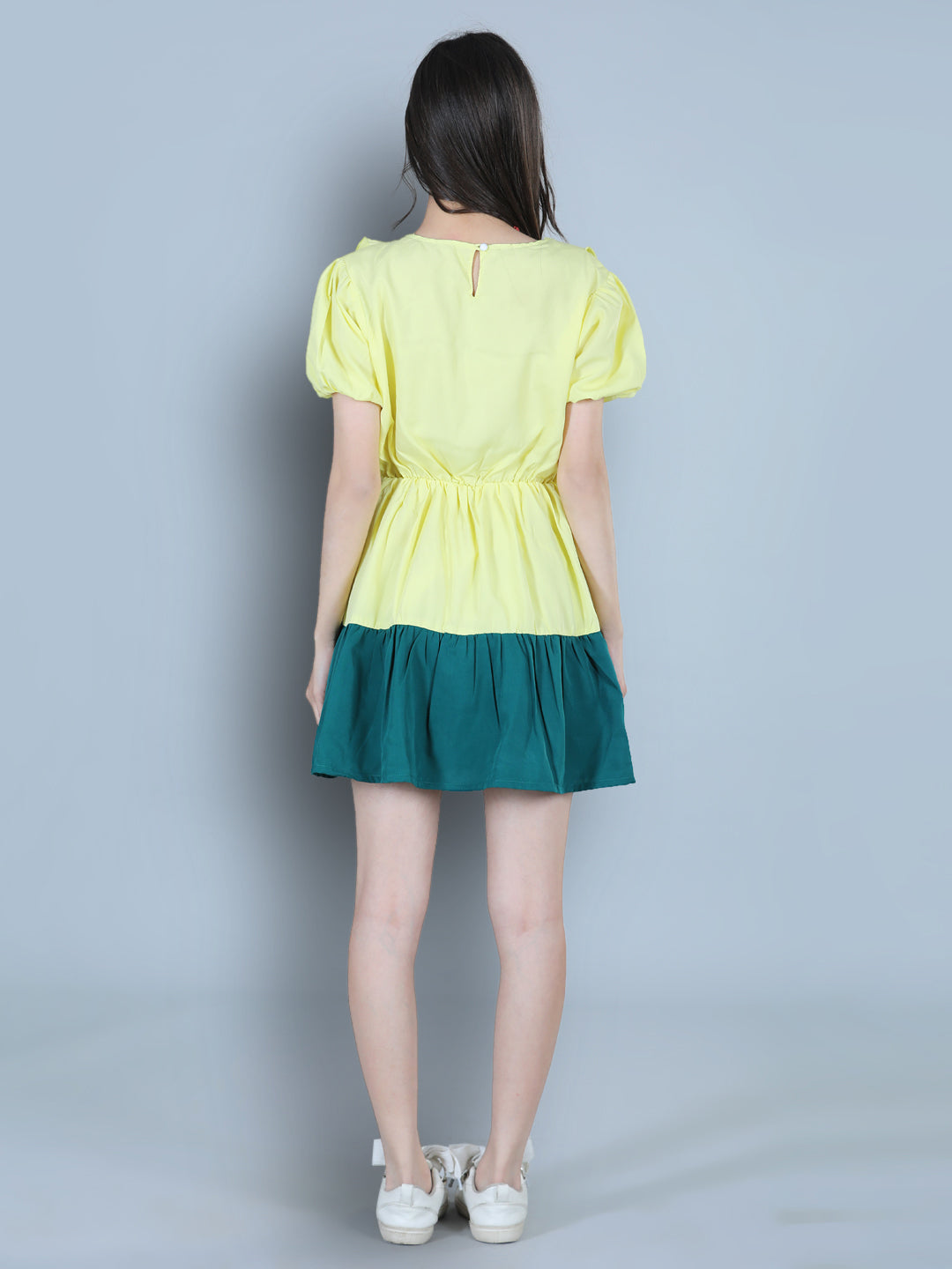 Cutiekins Solid Designer Multi Shade Dress-Lemon Yellow & Emerald Green
