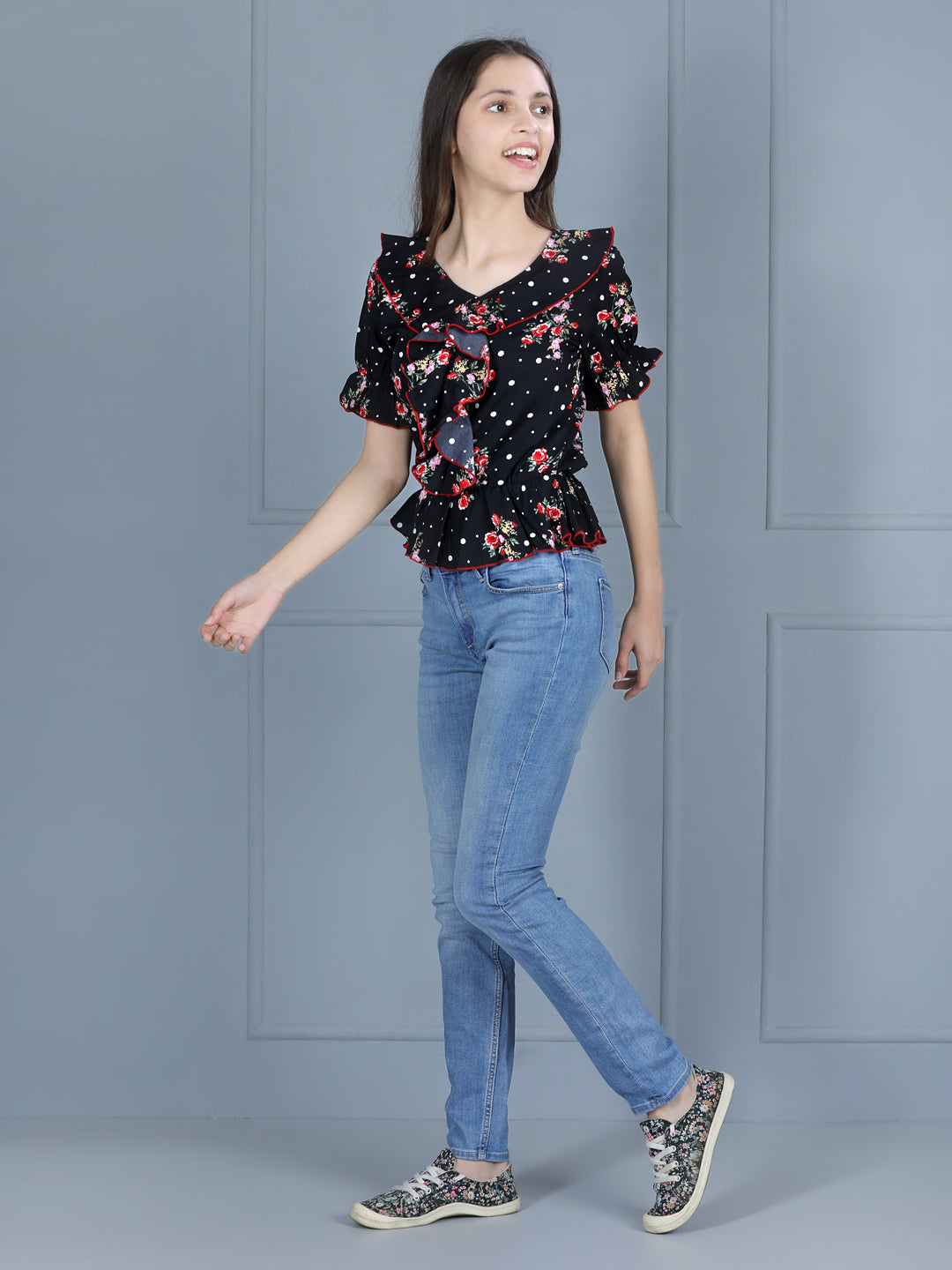 Cutiekins Girls Casual Polyester Peplum Top (Black & Red)