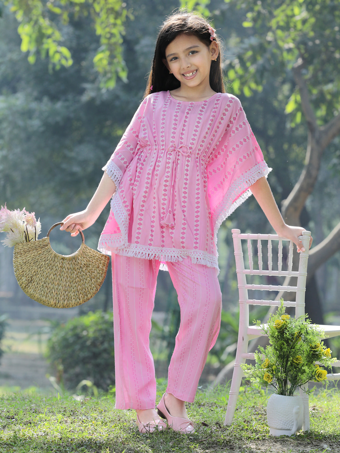 Cutiekins Stripe & Geometric Printed Kaftaan & Palazzo Set -Pink & White