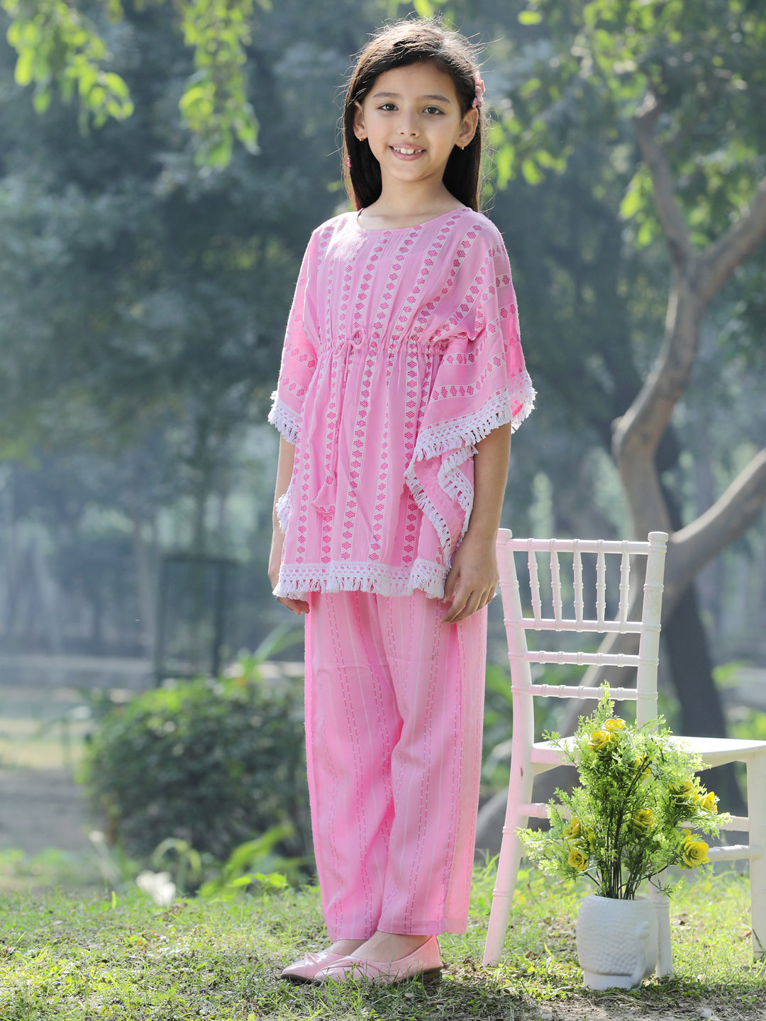 Cutiekins Stripe & Geometric Printed Kaftaan & Palazzo Set -Pink & White