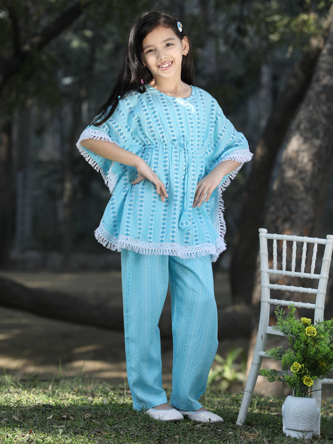 Cutiekins Stripe & Geometric Printed Kaftaan & Palazzo Set -Sky Blue & White