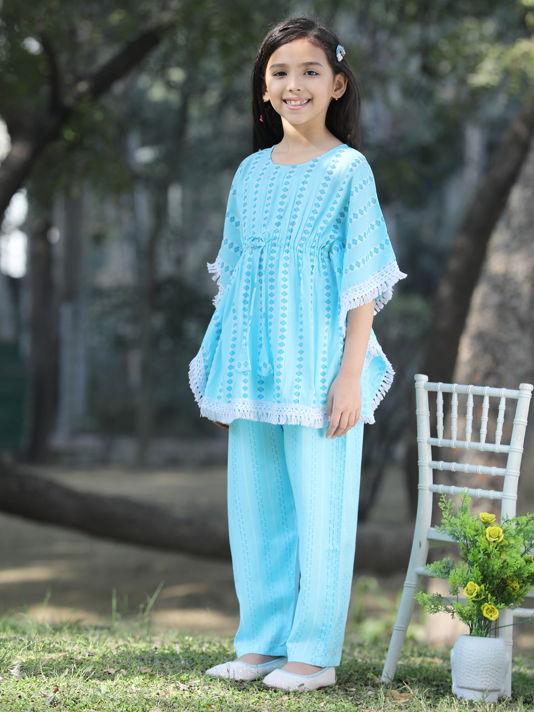 Cutiekins Stripe & Geometric Printed Kaftaan & Palazzo Set -Sky Blue & White