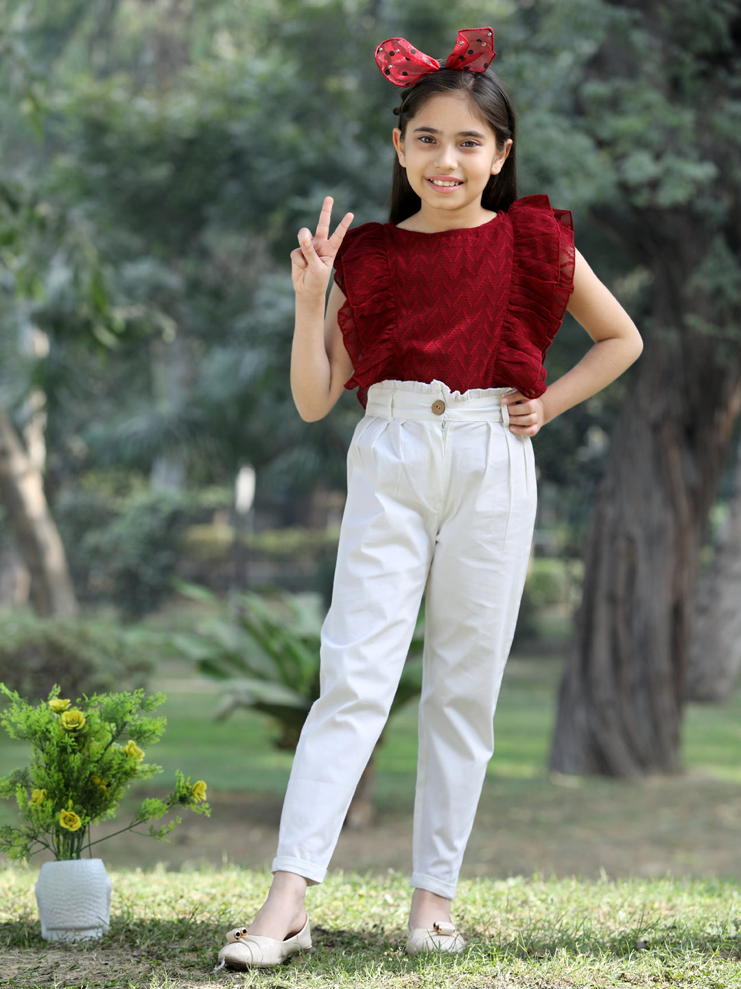 Cutiekins Solid Frilled Georgette Top & Trouser Set -Maroon & Off White