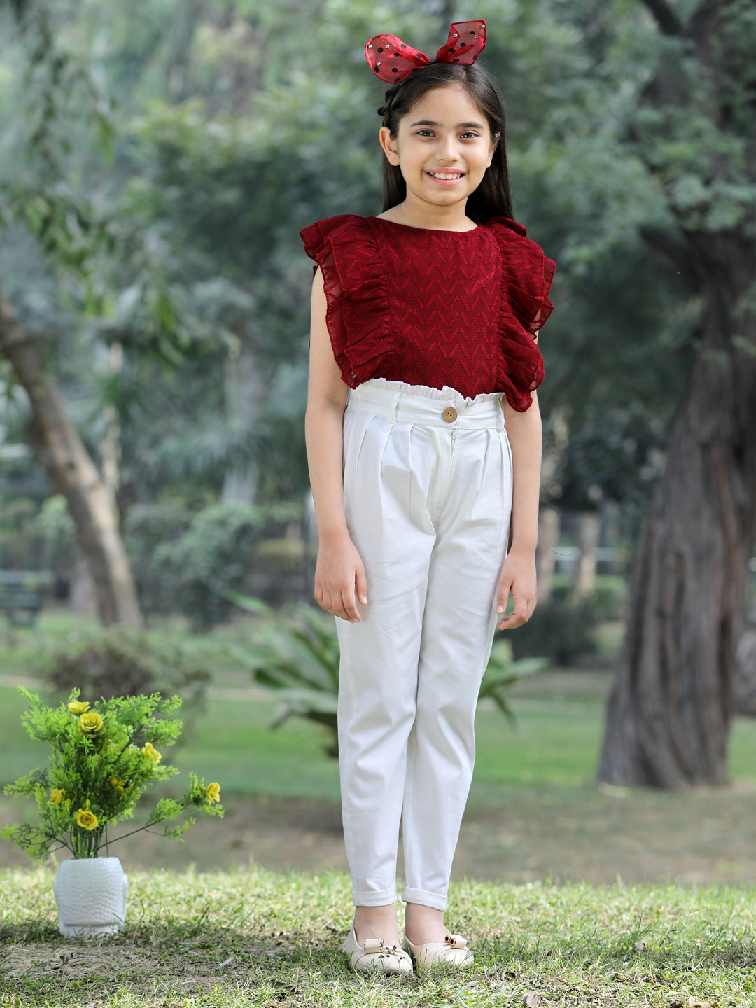 Cutiekins Solid Frilled Georgette Top & Trouser Set -Maroon & Off White