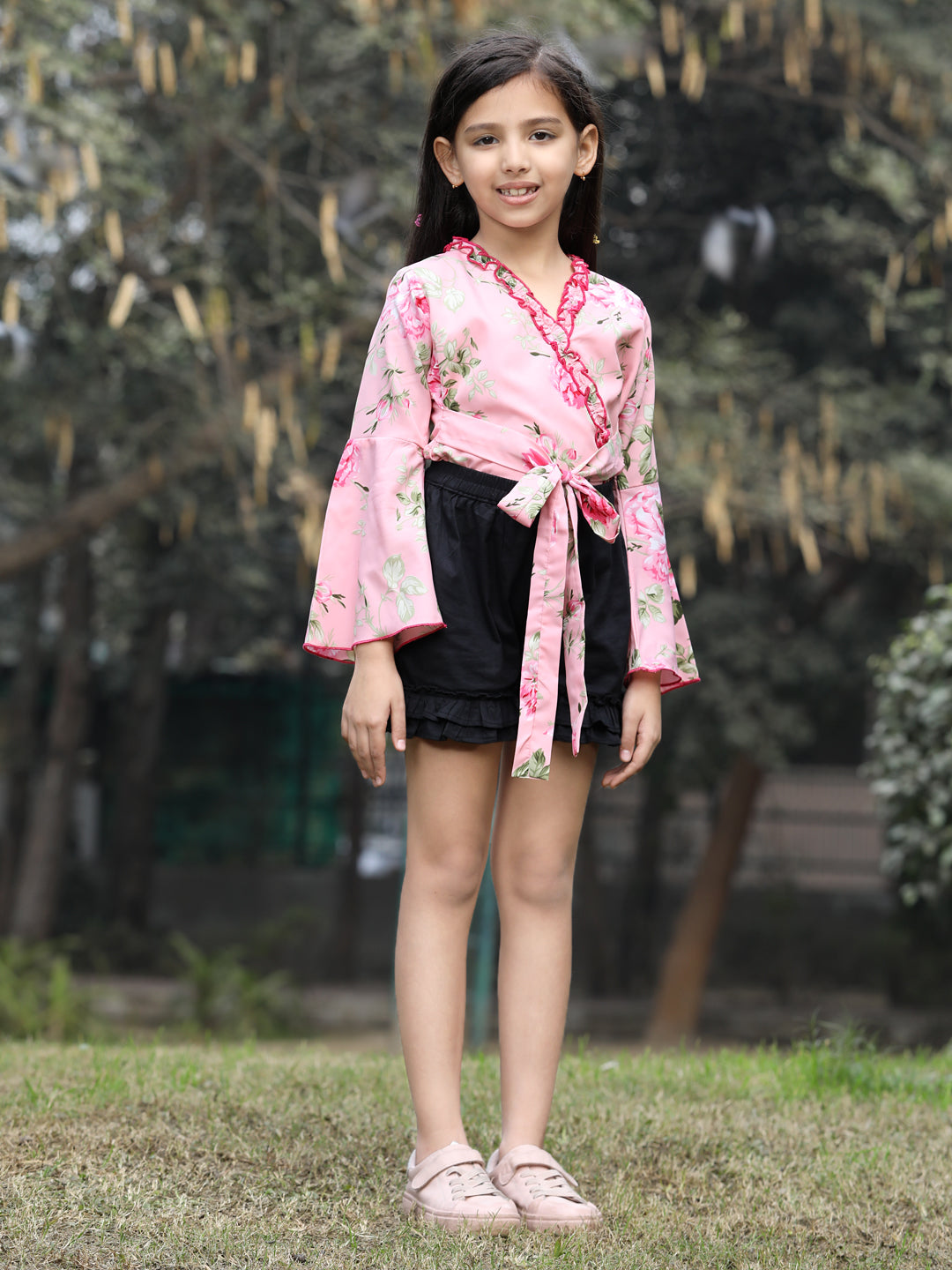 Cutiekins Printed Front Knot Top & Shorts Set -Pink & Black