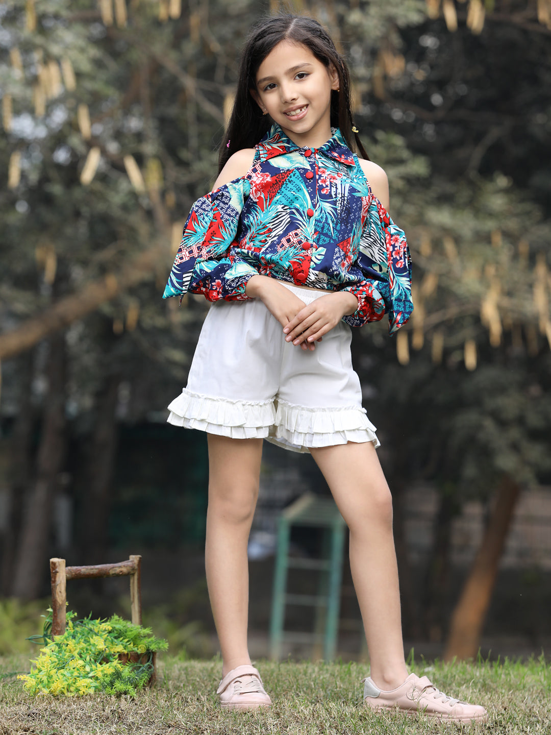 Cutiekins Printed Collar Crop Top & Shorts Set -Multi & Off White