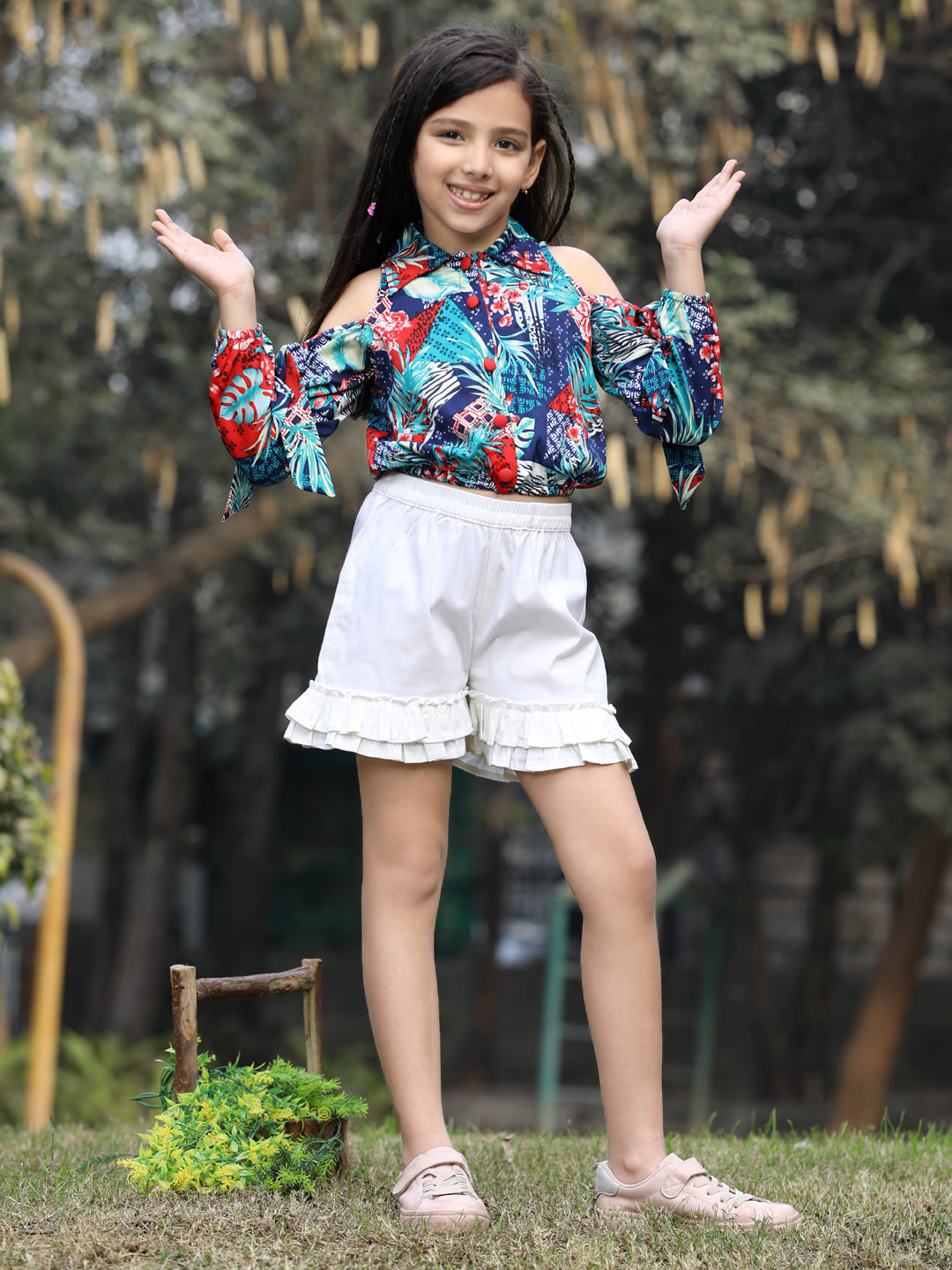 Cutiekins Printed Collar Crop Top & Shorts Set -Multi & Off White