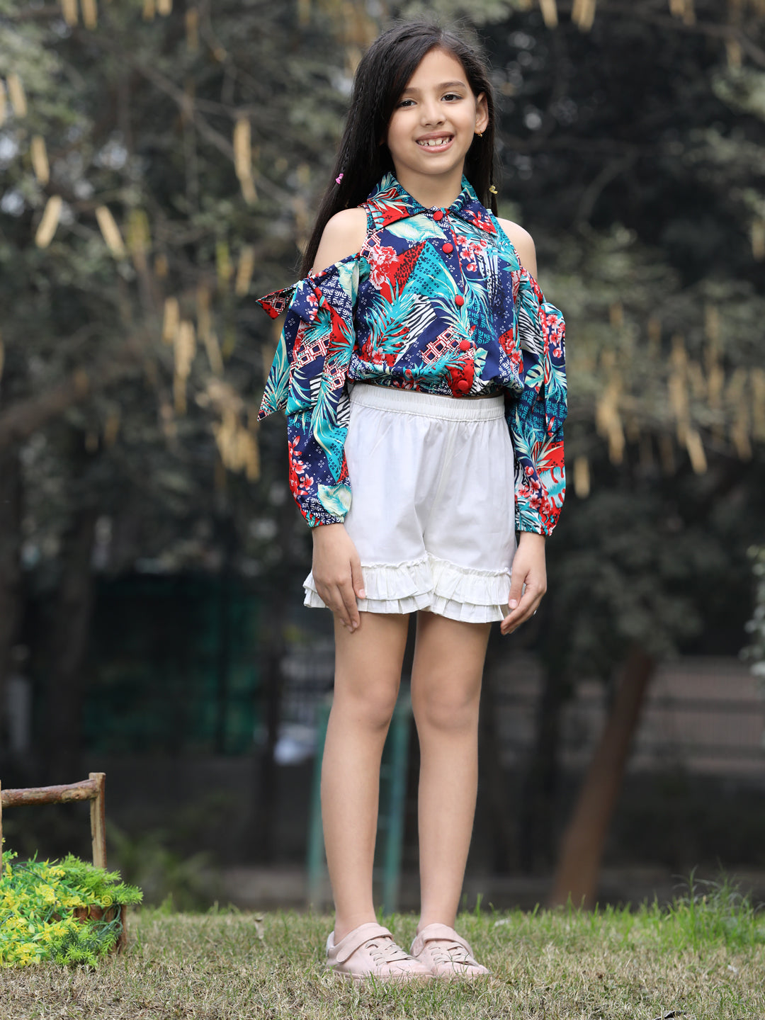Cutiekins Printed Collar Crop Top & Shorts Set -Multi & Off White
