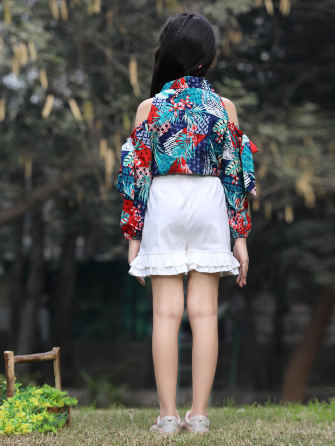 Cutiekins Printed Collar Crop Top & Shorts Set -Multi & Off White