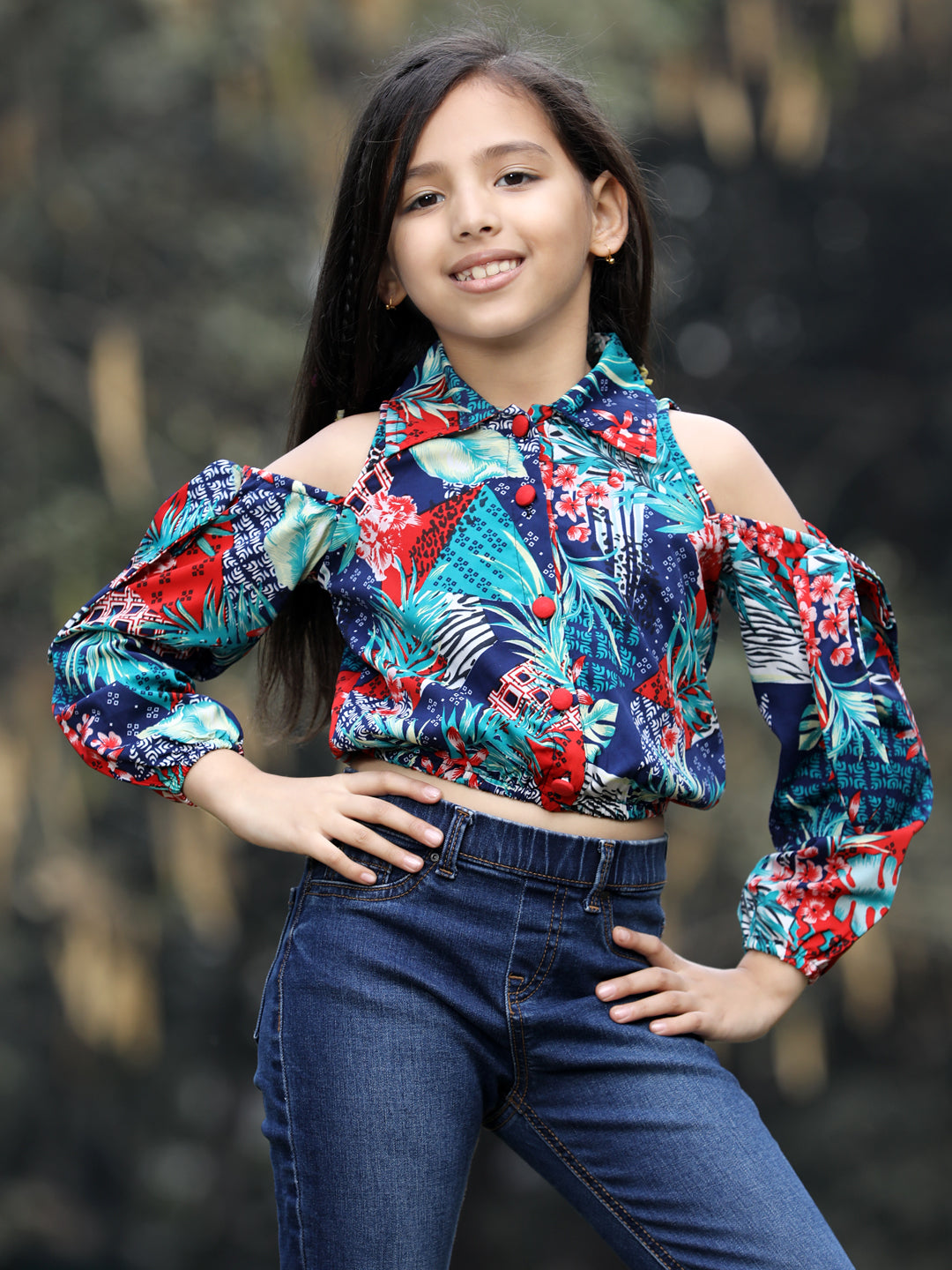Cutiekins Floral Printed Collar Neck Long Sleeves Top- Multicolour