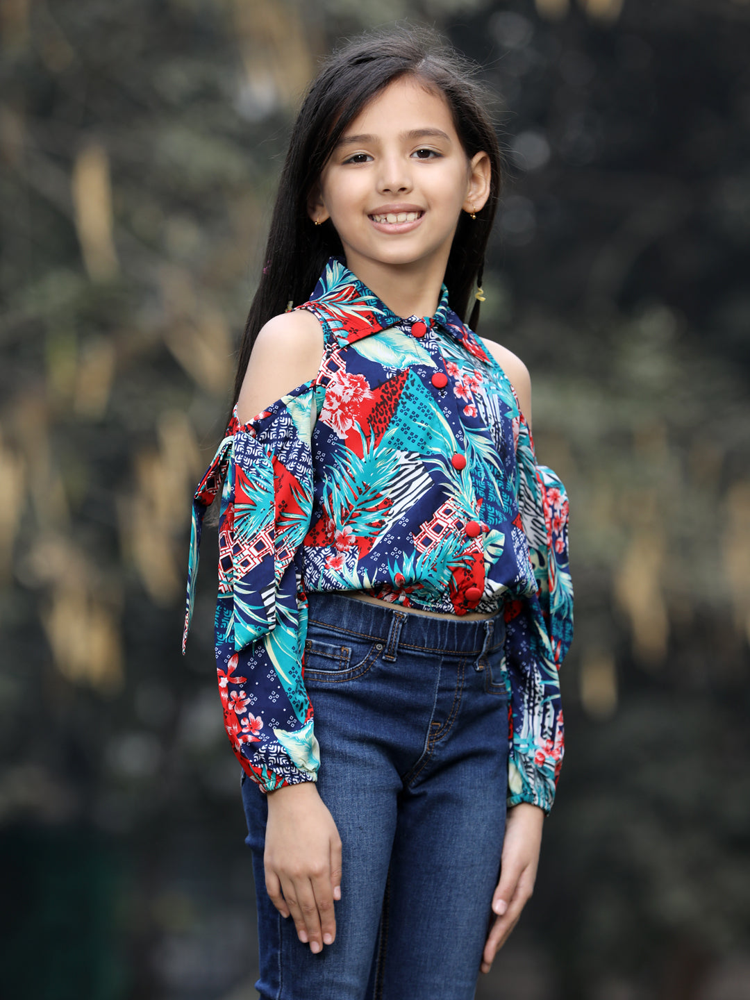 Cutiekins Floral Printed Collar Neck Long Sleeves Top- Multicolour