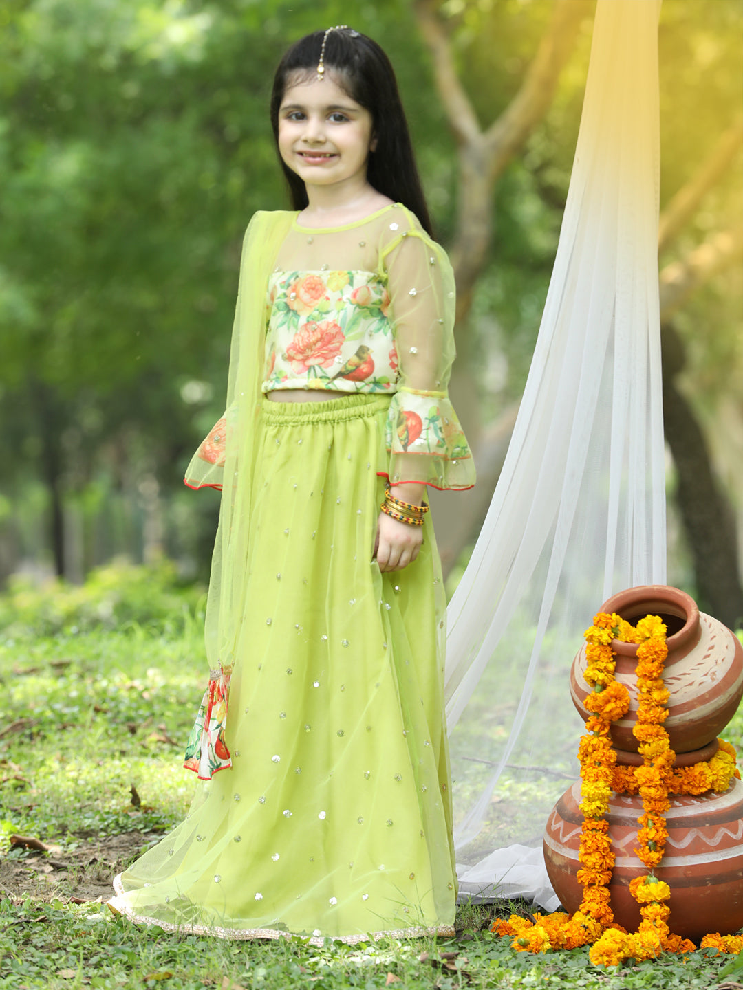 Cutiekins Girls Cream Bell Sleeves Blouse & Lemon Yellow Ready to Wear Lehenga With Dupatta