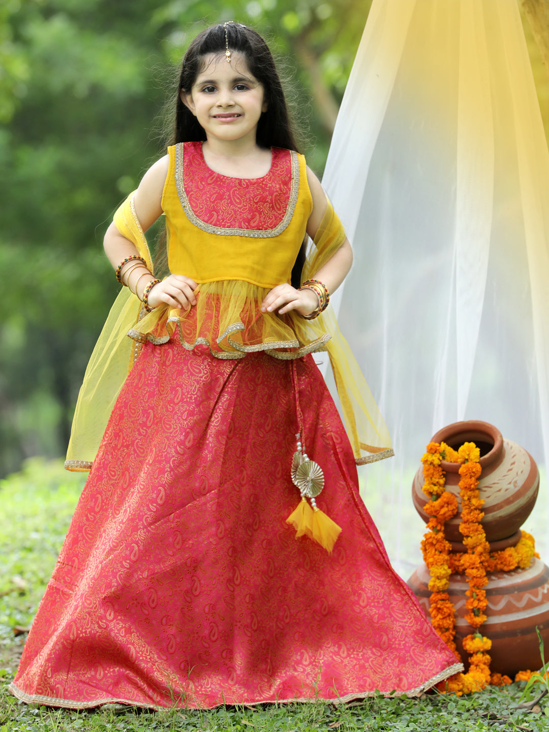 Cutiekins Yellow & Red Printed Ready to Wear Lehenga & Blouse with Dupatta