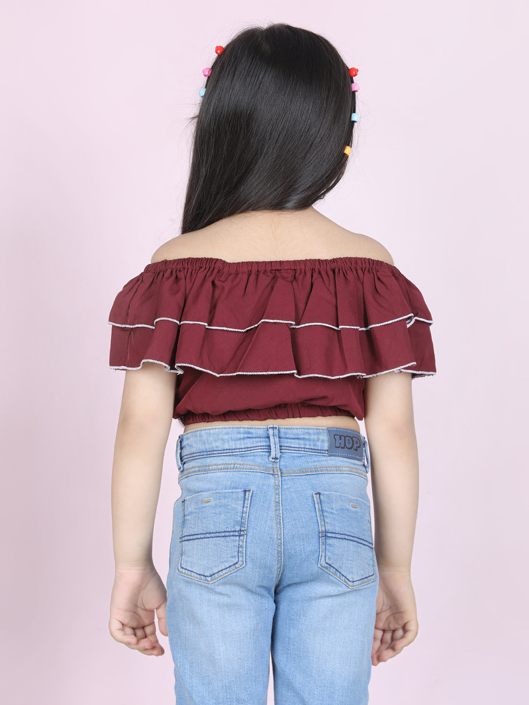 Cutiekins Girls Casual Polyester Crop Top (Maroon & White)
