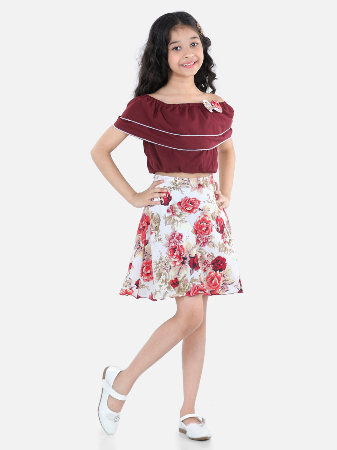 Cutiekins Girls Casual Top & Skirt Set (Maroon & Cream)