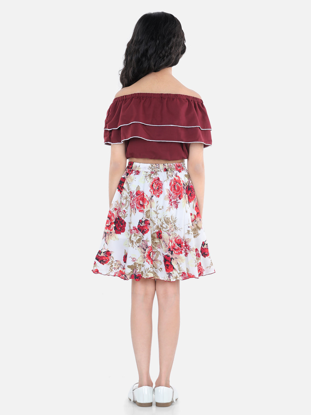Cutiekins Girls Casual Top & Skirt Set (Maroon & Cream)