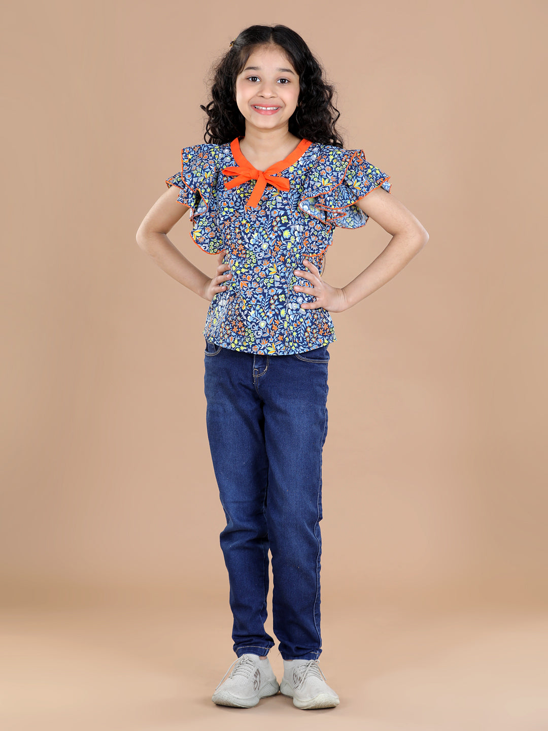 Cutiekins Girls Casual Polyester A-line Top (Blue & Orange)