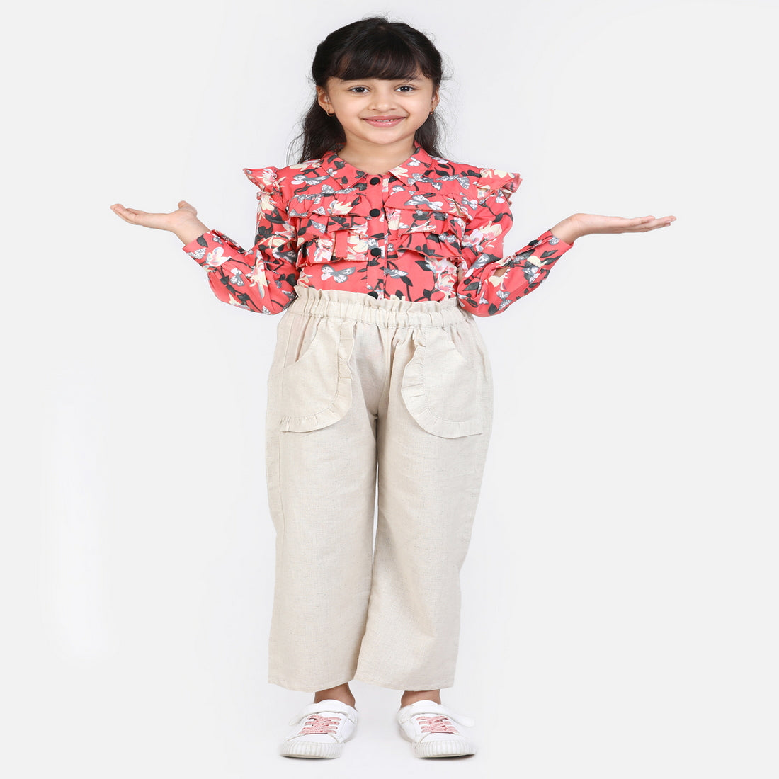 Cutiekins Shirt Style Floral Print Top & Linen Palazzo Set  - Pink & Off White