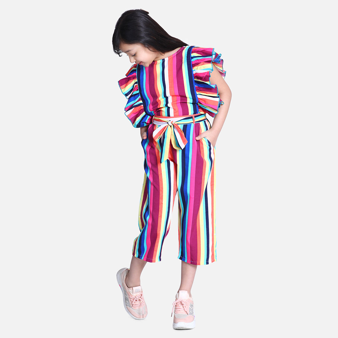 Cutiekins Stripe Printed Ruffle Ankle length Jumpsuit -Multicolour