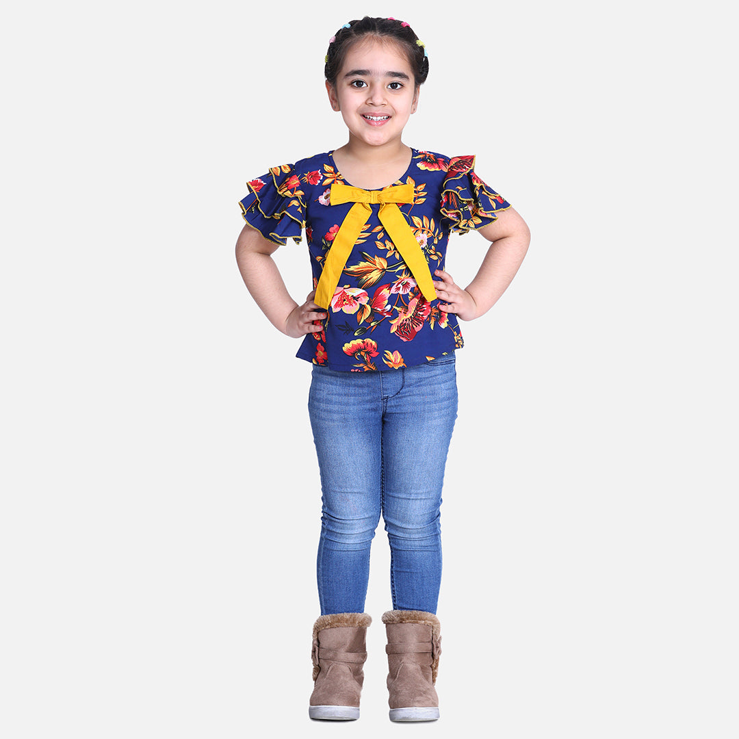 Cutiekins Ruffle Sleeves Floral Printed Top-Navy Blue & Mustard